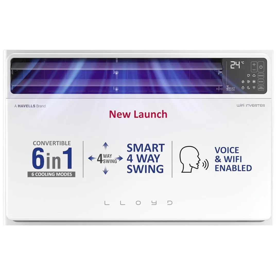 Lloyd GLW18V5FWTBR 1.5 Ton 5 Star Inverter Window AC with 6-in-1 Convertible Cooling, 4-Way Air Swing & Copper Condenser, White